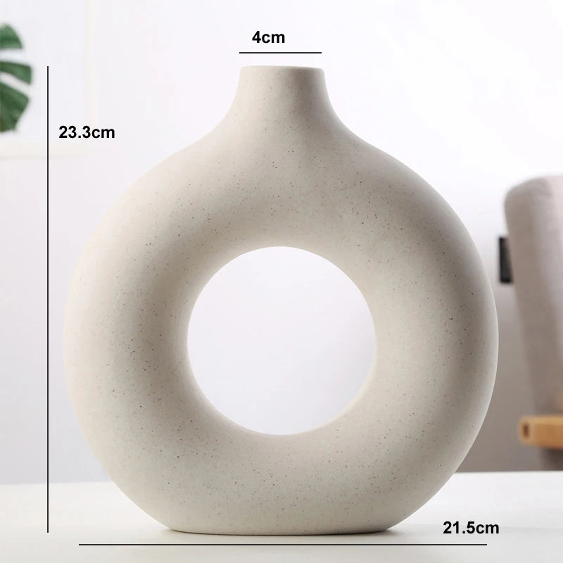 Nordic Vase Circular Hollow Ceramic Donuts Flower Pot Home Living Room Decoration Accessories Interior Office Desktop Decor Gift