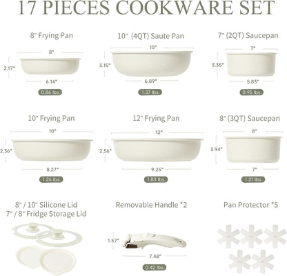 17Pcs Pots and Pans Set, Nonstick Cookware Set Detachable Handle, Induction Kitchen Cookware Sets Non Stick with Removable Handle, RV Cookware Set, Oven Safe, Frying Pan Set