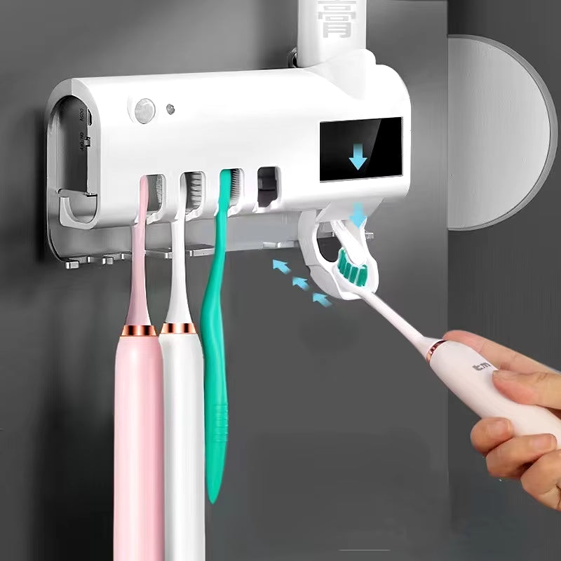 Toothbrush Holder Automatic Toothpaste Dispenser Set Dustproof Sticky Suction Wall Mounted Toothpaste Squeezer for Bathroom