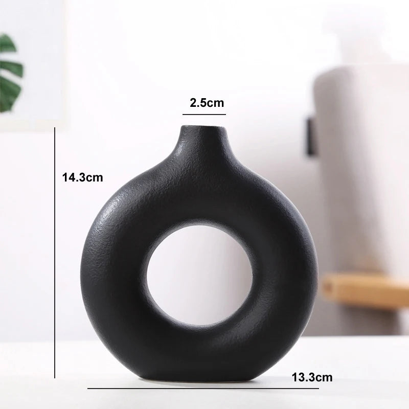 Nordic Vase Circular Hollow Ceramic Donuts Flower Pot Home Living Room Decoration Accessories Interior Office Desktop Decor Gift