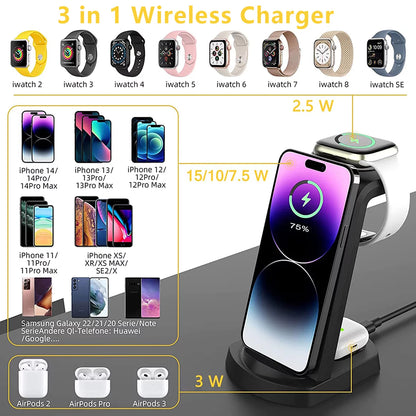 3 in 1 Charging Station for Iphone, Wireless Charger for Iphone 14 13 12 11 X Pro Max & Apple Watch - Charging Stand Dock for Airpods